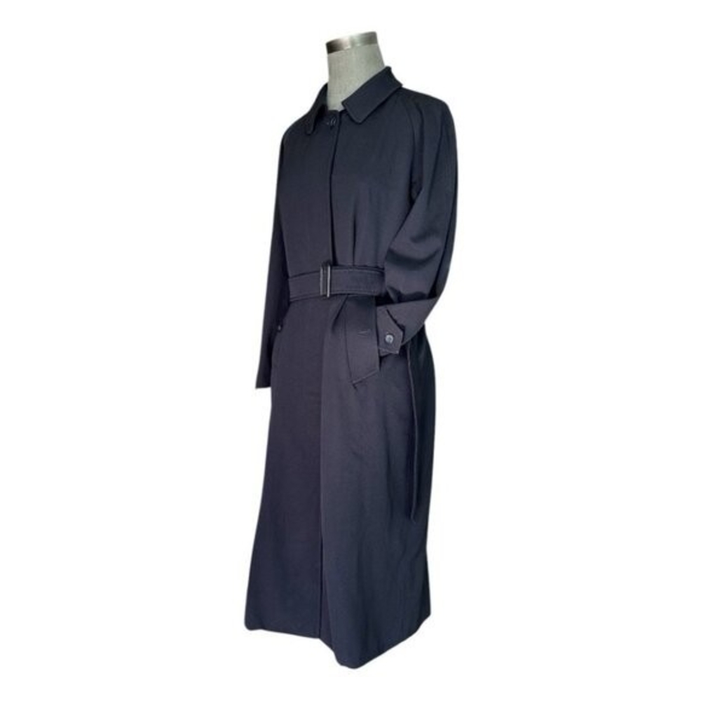 Authentic Burberry 100% Wool Navy Blue Midi Trench Coat Women's 10 Waterproof - Picture 3 of 13